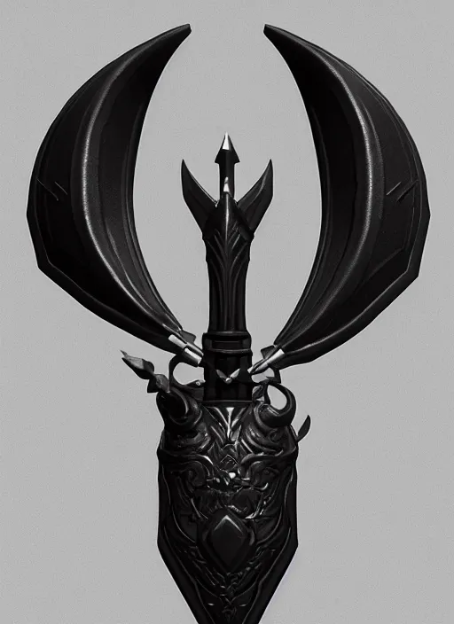 Prompt: a black long sword skull crest, orthographic, ornament, weapon, a 3 d render by dom qwek, front side full, trending on polycount, artstation, hard surface modeling, rendered in maya, 3 ds max, blender, hd, vray, berserk first person view, symmetry