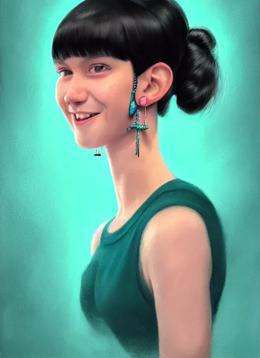 Image similar to portrait of high school girl, realistic, black hair, bangs, half updo hairstyle, pointy nose, skinny, smile, ugly, defined jawline, big chin, teal hair bow, earrings, intricate, elegant, glowing lights, highly detailed, digital painting, artstation, sharp focus, illustration, art by wlop, mars ravelo and greg rutkowski