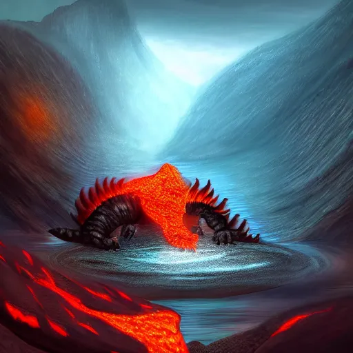 Image similar to commission of a beautiful digital painting of a feminine female dragon dragoness scaled scales horns wings tail feral bathing wading in lava molten pool, atmospheric lighting, concept art, detailed, furaffinity, trending on artstation