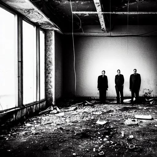 Image similar to two men in black, looking at a bright light in the dark grimy grungy basement of an abandoned apartment block, wires, cables, grainy black and white photography