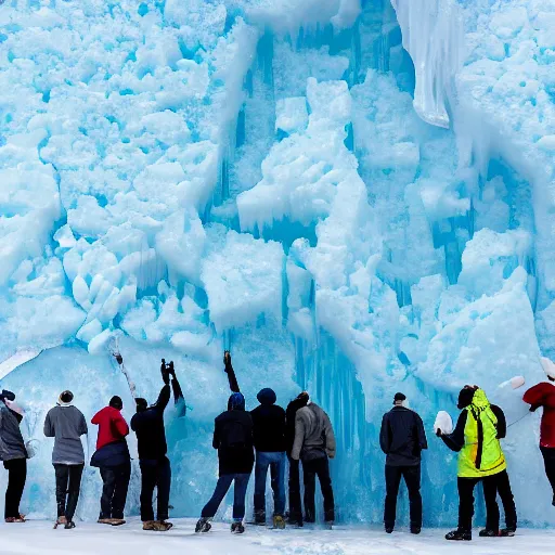 Prompt: a mammouth frozzen in a giant wall of ice perfectly intact with a group of scientists looking at it