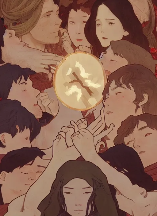 Image similar to among us characters holding hands in a circle by a burning cross, highly detailed, high quality, digital painting, by studio ghibli and alphonse mucha, leesha hannigan, makoto shinkai, disney