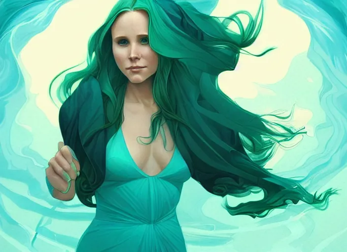 Image similar to style artgerm, joshua middleton, beautiful kristen bell with green dress, very long blue hair, symmetrical face, symmetrical eyes, water powers water swirling, detailed, beach setting, cinematic lighting