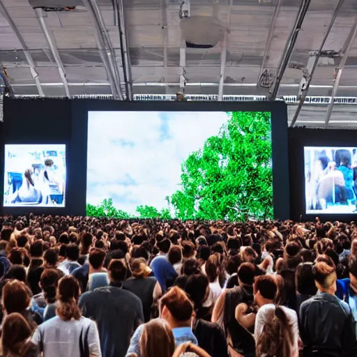 Prompt: a large crowd of people looking up at a large screen with tree displayed