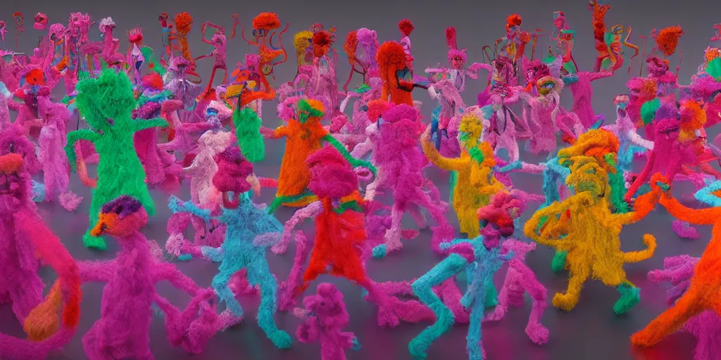 Image similar to group of giant sakura-colored people dancing made out of fluffy pipecleaners in the style of Jean-Michel Basquiat, 3D cinematic lighting, spotlight at a 90 DEGREE ANGLE, photorealism, octane render, depth of field, 8k, 35mm, artgem, Trending on artstation