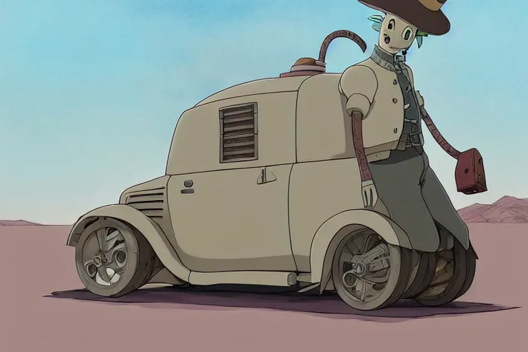 Image similar to a study of a cell shaded cartoon of a grey mechanized snake from howl's moving castle ( 2 0 0 4 ), on a desert road, full body, wide shot, very muted colors, post grunge, studio ghibli, laurie greasley, highly detailed, deviantart, art by artgem