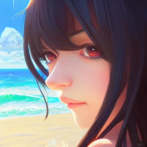 Image similar to a beautiful girl with long dark hair, on a beach, sunny, daytime, sharp focus, intricate, digital painting, artstation, official media, anime key visual, highly detailed, rich vivid colors, ambient lighting, illustration, art by Artgerm, Makoto Shinkai, Ilya Kuvshinov, Lois Van Baarle, and Rossdraws