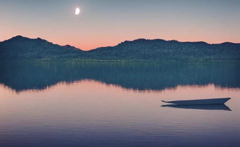 Image similar to a crescent moon as a banana over a lake, stunning photography