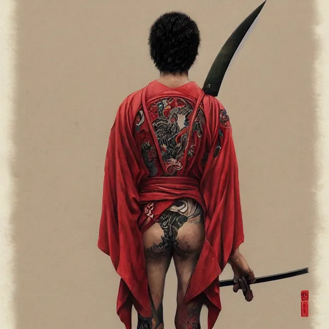 Image similar to ultra realistic illustration, borat dressed in red kimono weilding a katana, backview, tattoos, in the style of peter mohrbacher by weta digital and beth cavener, high face symmetry, intricate, masterpiece, award winning, high face symmetry, intricate