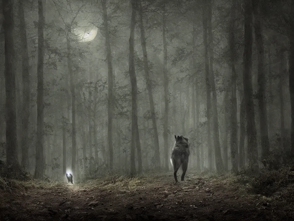 Image similar to a large wolf walking on a dark path through the forest at night under a full moon, 4 k, photorealistic, matte painting,
