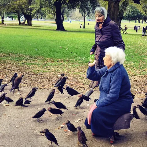 Prompt: an old woman feeding birds in the park who is being attacked by all the birds