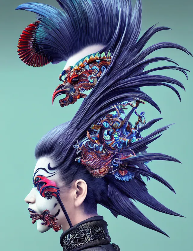 Image similar to 3 d goddess close - up profile portrait punk with mohawk with ram skull. beautiful intricately detailed japanese crow kitsune mask and clasical japanese kimono. betta fish, jellyfish phoenix, bio luminescent, plasma, ice, water, wind, creature, artwork by tooth wu and wlop and beeple and greg rutkowski