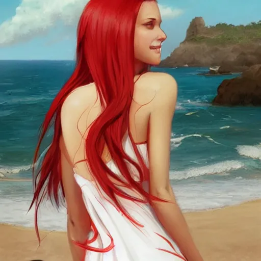 Prompt: beautiful woman with red hair in white sundress on the beach, perfect face, perfect body, eye contact, flirting, smiling, drawn by greg rutkowski