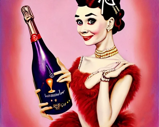 Image similar to audrey hepburn as a cancan dancer with a big bottle of champagne in art deco style, nicoletta ceccoli, mark ryden, lostfish, max fleischer, hyper realistic, artstation, illustration, digital paint, matte paint, vivid colors, bright, cheerful, detailed and intricate environment