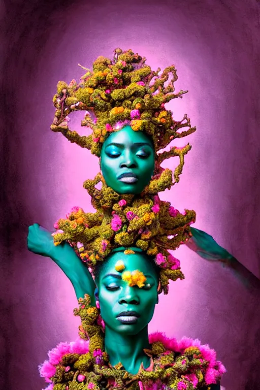 Image similar to high quality photo neo - rococo cinematic super expressive! yoruba goddess with exoskeleton armor, merging with tree in a forest, pink yellow flowers, highly detailed digital art masterpiece, smooth etienne sandorfi eric zener dramatic pearlescent soft teal light, ground angle hd 8 k, sharp focus