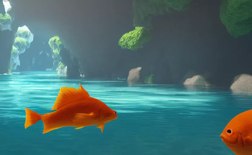 Image similar to a cave lake with some orange fish swimming inside, studio ghibli, pixar style, octane render, unreal engine 5, path traced, highly detailed, high quality, 8 k, soft lighting, godrays, complementary colors, natural lighting, water parallax, serene landscape, beautiful, elegant, digital painting