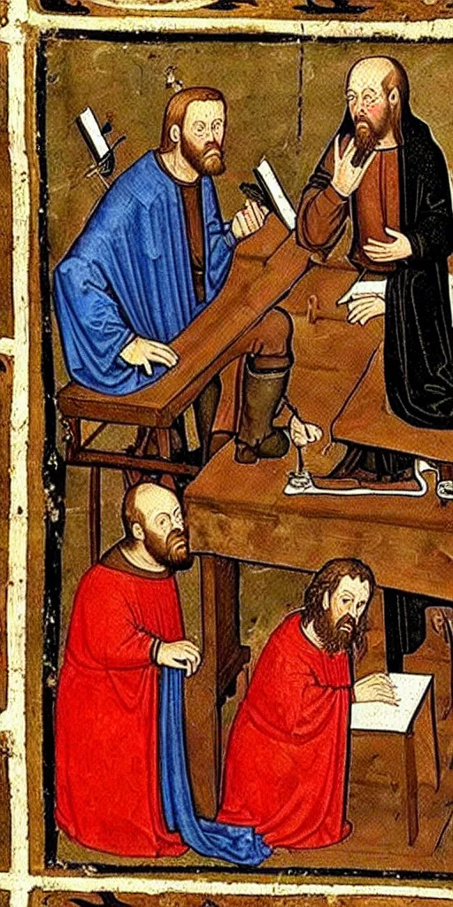 Prompt: a medieval painting of joe rogan podcasting, hosting Charle Magne as a podcast guess