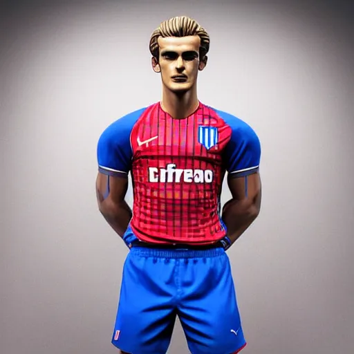 Image similar to a realistic detailed photo of a guy who is an attractive humanoid who is half robot and half humanoid, who is a male android, soccer player antoine griezmann, shiny skin, posing like a statue, blank stare, in a living room, on display, showing off his muscles