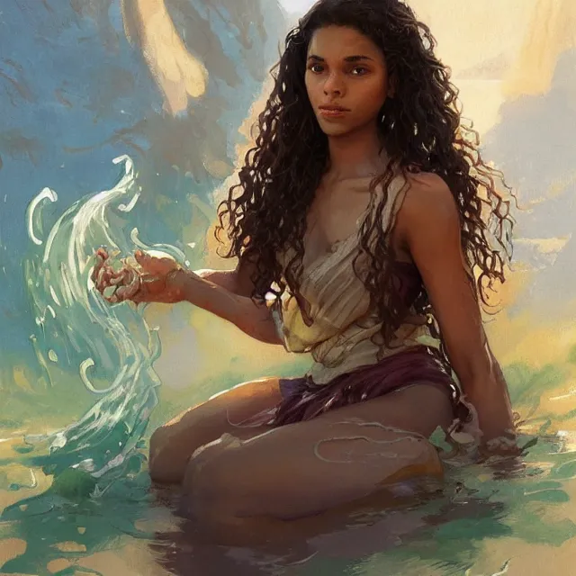 Image similar to a brown skinned woman as a waterbender, brown curly hair, portrait, elegant, intricate, digital painting, artstation, concept art, smooth, sharp focus, illustration, art by konstantin korovin and daniel f. gerhartz and john howe