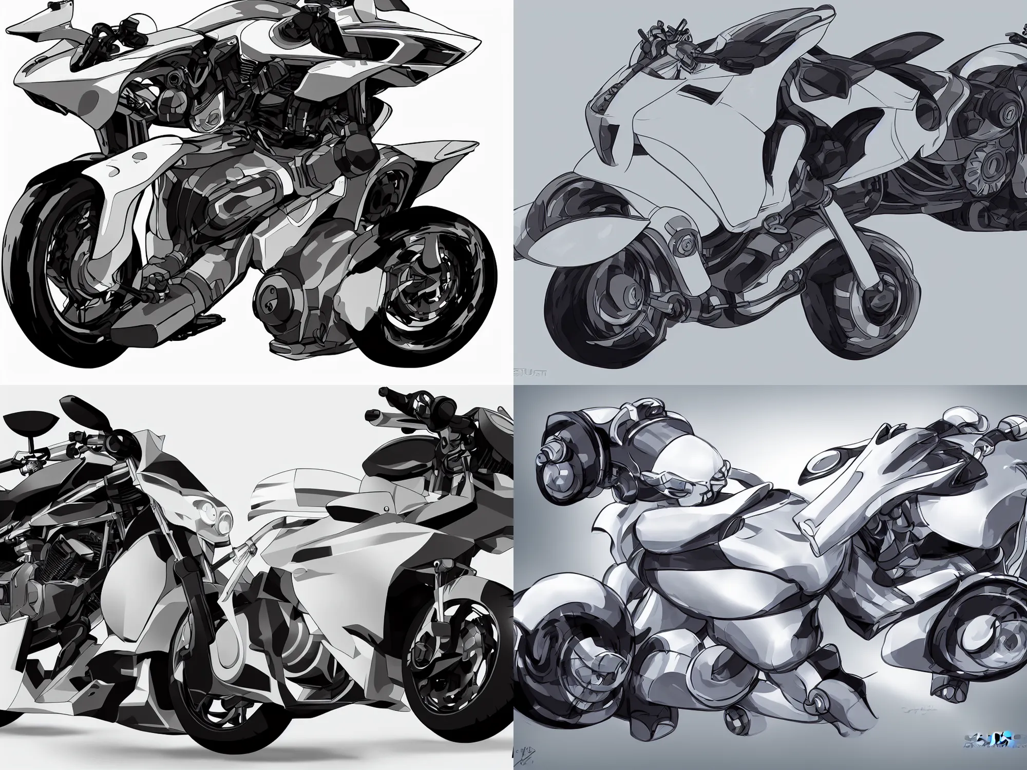 Prompt: futuristic concept art, 2050s motorcycle, white background, studio lighting, 4k, by studio ghibli