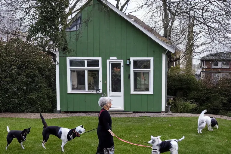 Prompt: the sour, dour, angry, gray - haired lady across the street is walking her three small white and black dogs. she shuffles around, looking down. highly detailed. green house in background. large norway maple tree in foreground. view through windows.