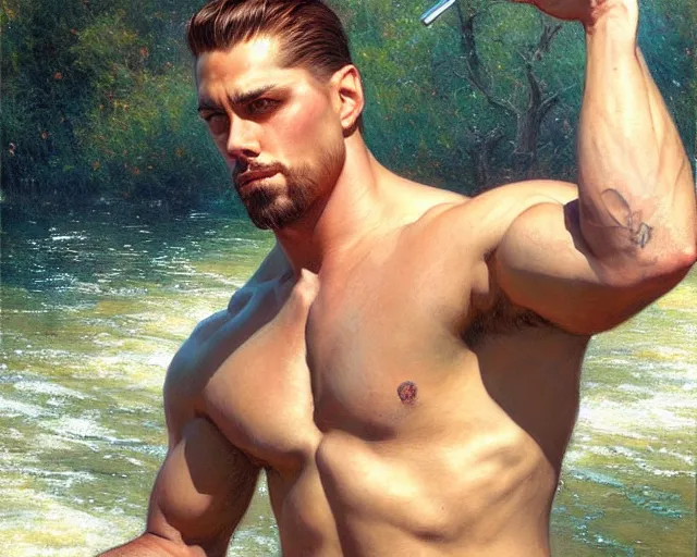 Prompt: handsome tattooed gym bro wades in the river, painting by artgerm, gaston bussiere, craig mullins, j. c. leyendecker, tom of finland