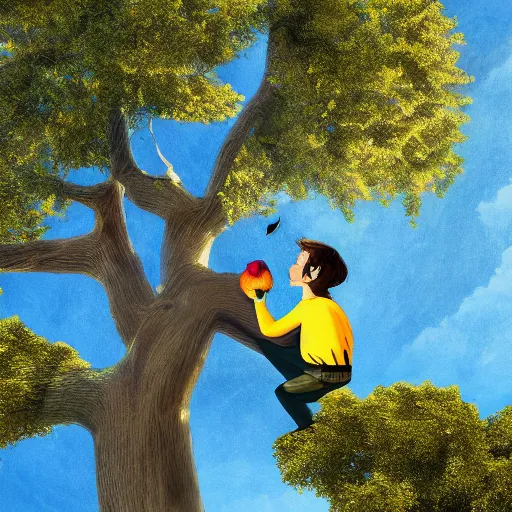 Prompt: streatchy dude trying to reach an apple on a very high tree, digital art, 8K