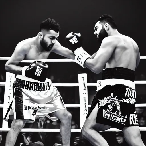 Image similar to landscape photography of a boxing match between rohit sharma and virat kohli in the ring, ultra realistic, highly detailed, canon 3 5 mm photography