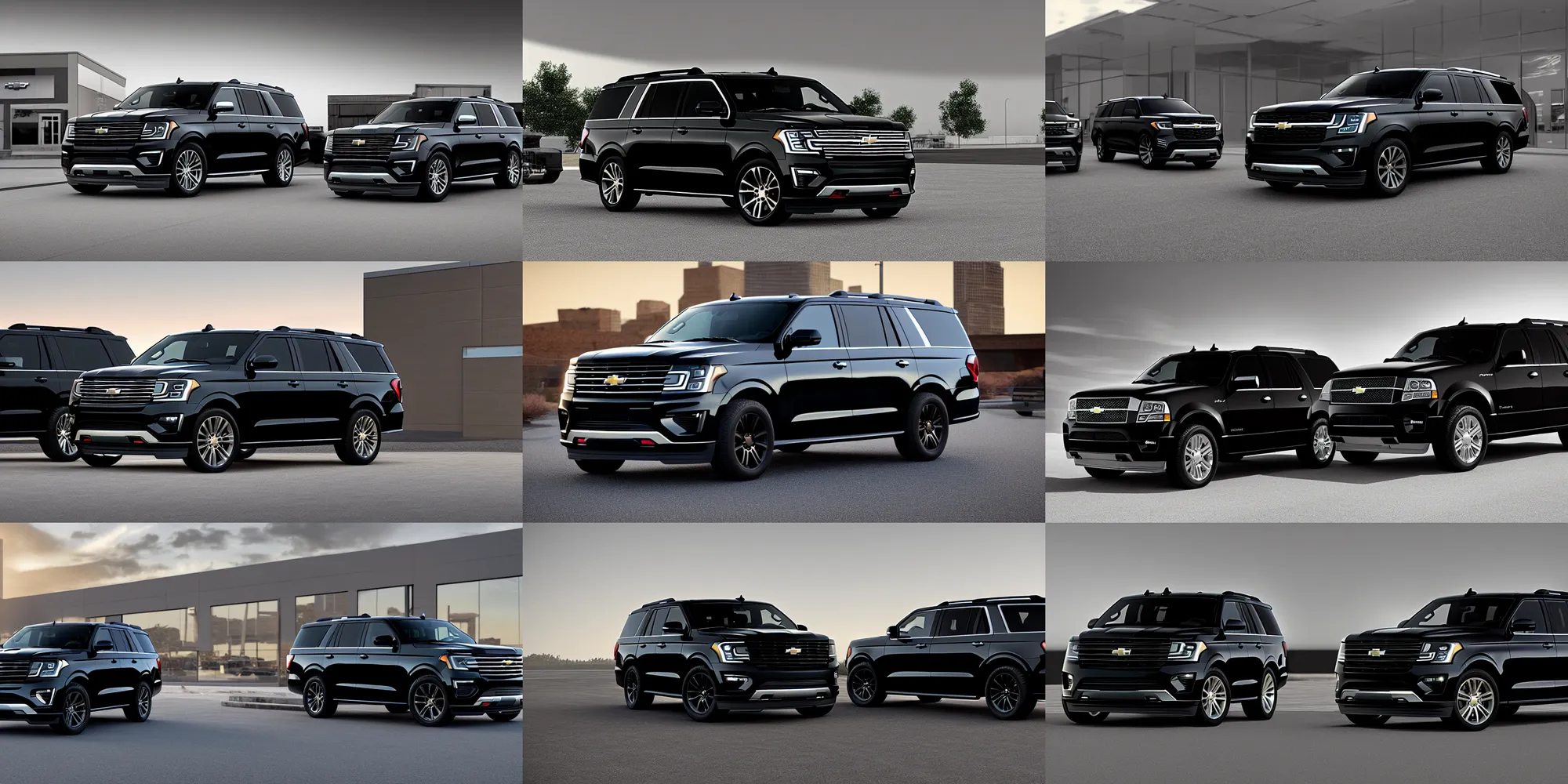 Prompt: a black suv inspired by a 2 0 2 2 chevrolet suburban and 2 0 2 2 ford expedition parked inside an auto dealership, a digital rendering by the family circus, trending on cg society, regionalism, ue 5, rendered in unreal engine, ultrafine detail