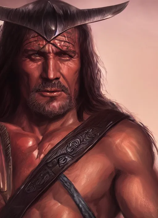 Prompt: comic book style portrait painting of a conan the barbarian in a stunning fantasy setting, unreal 5, DAZ, hyperrealistic, octane render, dynamic lighting