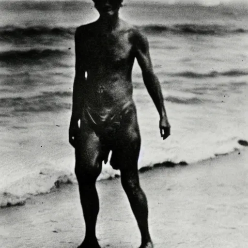 Image similar to a 1 9 2 8 photograph of a shark with human legs walking on the beach