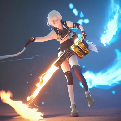 Prompt: render of an anime girl with a flamethrower, beautiful face, octane render, high quality, golden hour, 4k, trending on artstation