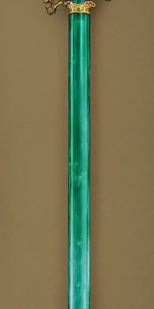 Image similar to photograph of a wide green and teal crystal sword with a big gold sword hilt