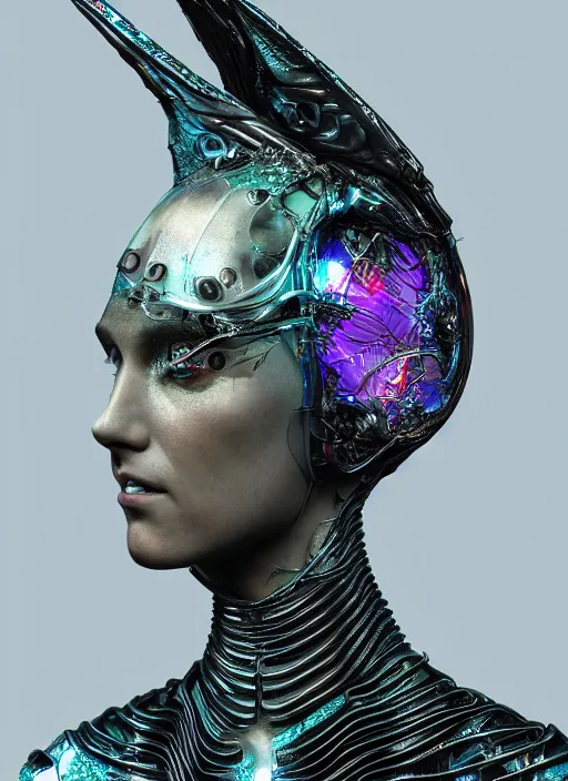 Prompt: hybrid humanoid androgyne muse with recursive horned wings attached to side of head, concept art, alien-like, sculpted iridescent glass features, intricate detail, style by James Jean, circuitry, organic detail, asymmetry, cinematic, epic wide shot, ultra detailed, artstation, sharp focus,smooth, cinematic lighting, cinematic detail, composition, photorealistic, render in unreal engine 5, golden ratio, 8k render