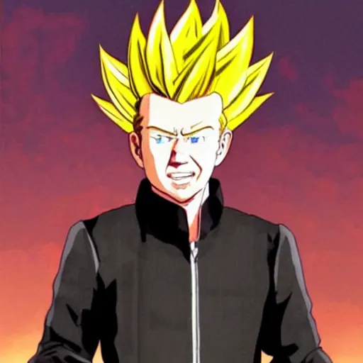 Image similar to rick astley as a super saiyan