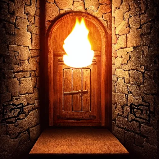 Image similar to secret door hidden very well in a dungeon wall lit with torches, d & d, photo