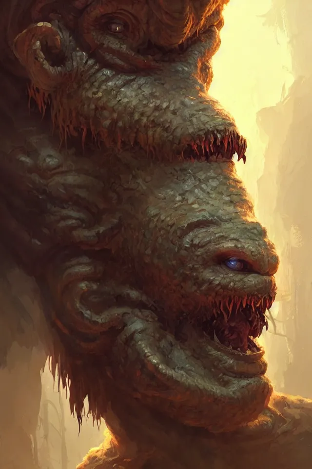 Prompt: close portrait of a blind cave troll, dungeons and dragons, savage monster, intricate, fantasy, extremely detailed, digital painting, artstation, concept art, smooth, sharp focus, illustration, ambient lighting, art by artgerm and greg rutkowski and alphonse mucha and simon stalenhag