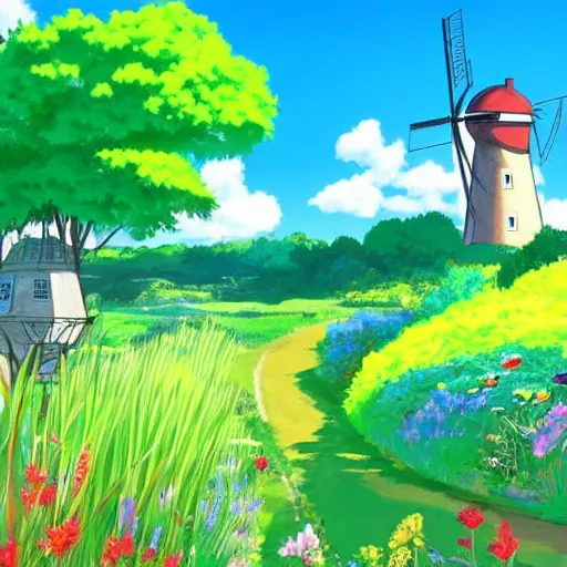 Image similar to beautiful countryside background with a windmill by studio ghibli, 4k, cute, colourful, summer