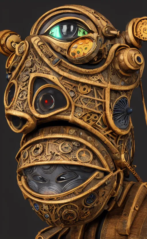 Image similar to steampunk tribal mask, robot, frog, japanese pottery, vivid colors, wood, metal, intricate details, trending on cgsociety, concept art, glowing eyes, sharp focus, ultra realistic details, cinematic atmosphere, global illumination, shadows, octane render, 8 k