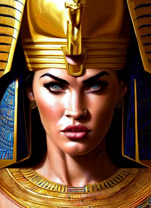 Image similar to portrait of megan fox as egypt queen, pharao, sun, mummy, scarab, pyramids, gold, intricate, headshot, highly detailed, digital painting, artstation, concept art, sharp focus, cinematic lighting, illustration, art by artgerm and greg rutkowski, alphonse mucha, cgsociety