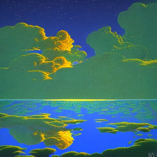 Prompt: night sky reflected in the water, landscape pixel art by maxfield - parrish