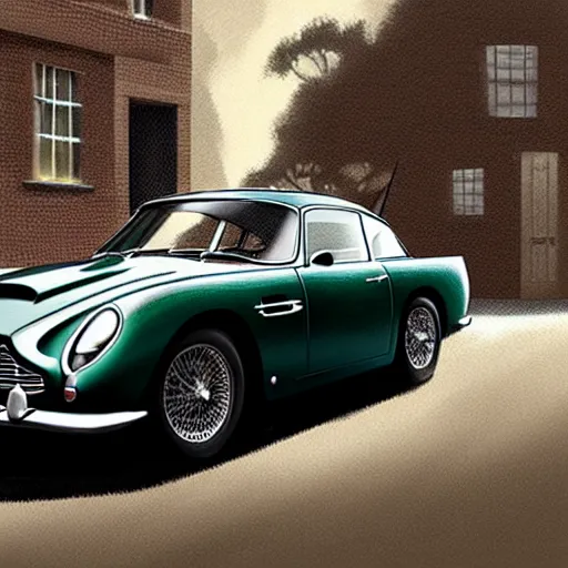 Image similar to a pencil sketch of anaston martin db 5, in a rich london mews residential street, medium range, studio ghibli, ( pixar ) and disney animation, sharp, very detailed, bloom, high resolution, anime key art by greg rutkowski