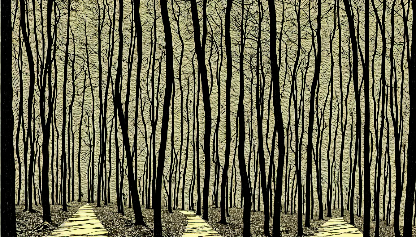 Image similar to hiking trail beneath trees by dan mumford and peter doig and edward hopper, symmetrical, minimal, black ink, thick lines highly detailed, muted colours 8 k