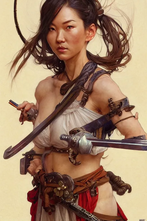 Image similar to full body portrait, thin muscular viking samurai woman, 6 pack ab, symmetrical beautiful face, relaxed pose. by stanley artgerm lau, greg rutkowski, thomas kindkade, alphonse mucha, loish, norman rockwell