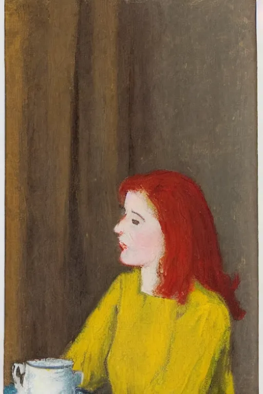 Image similar to a portrait of a young woman with red hair, wearing a yellow dress, drinking tea, by charles hawthorne