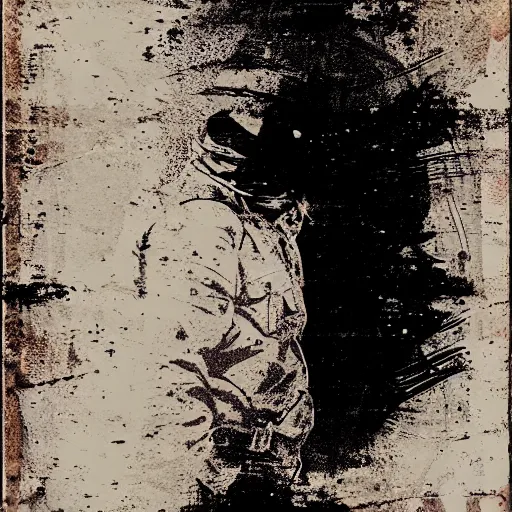 Prompt: transparent siluette of a bandit. transparent screen - printed on top of a photo. sun - bleached highlights. sanded surface. scratches on the surface soft colors