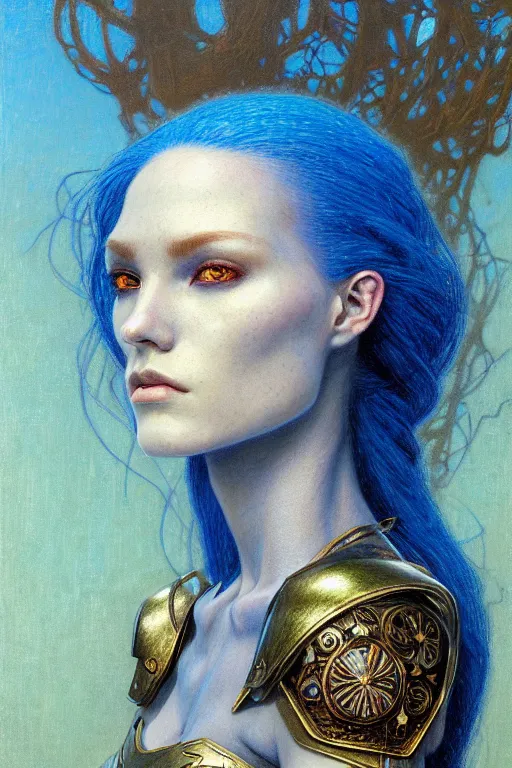 Image similar to portrait of beautiful young mainem, warhammer, russian style, cyber armor with scars, a lot of more scars, more and more flowers, blue head, the middle ages, highly detailed, artstation, illustration, art by jean delville, 8 k quality