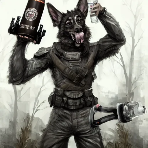 Image similar to a humanoid german shepherd beast - man in military style, holding a bottle of beer, artstation, concept art, smooth, sharp foccus ilustration, artstation