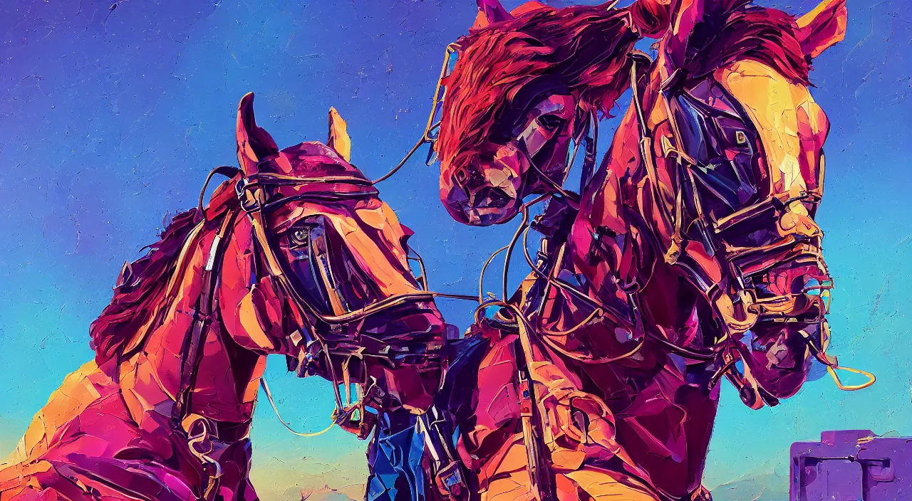 Prompt: a graph style gauche impasto, the horse is not mine, steampunk art by james gilleard, cgsociety, retrofuturism, synthwave, retrowave, outrun, hyper realistic.