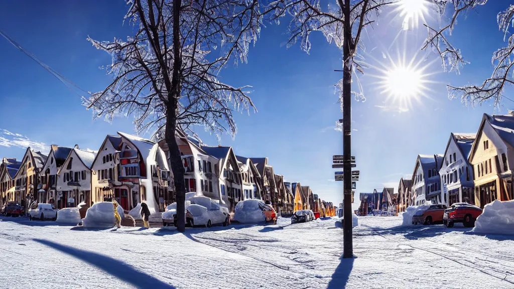 Prompt: a high detailed astonishing wide lens street photo, houses made of snow and ice are melting on the sun, award winning architectural photography, 8 k, hyperreal